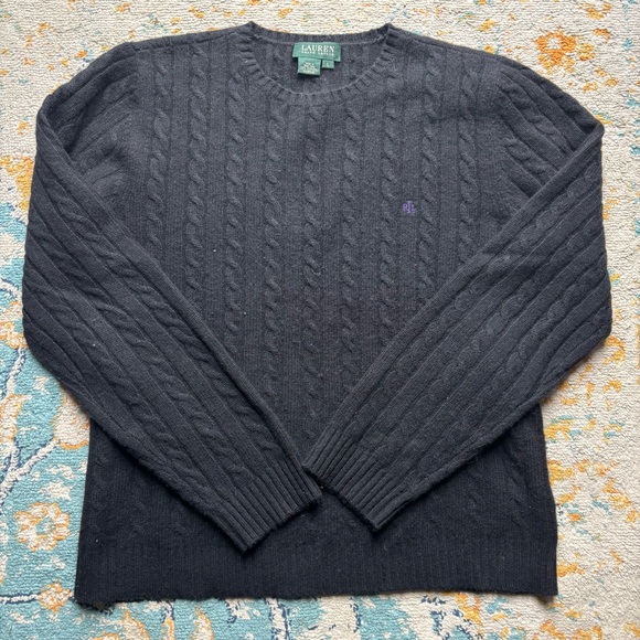 Lauren Ralph Lauren Cable Knit Crew Neck Sweater 100% Cashmere Black Size Large - Picture 1 of 5